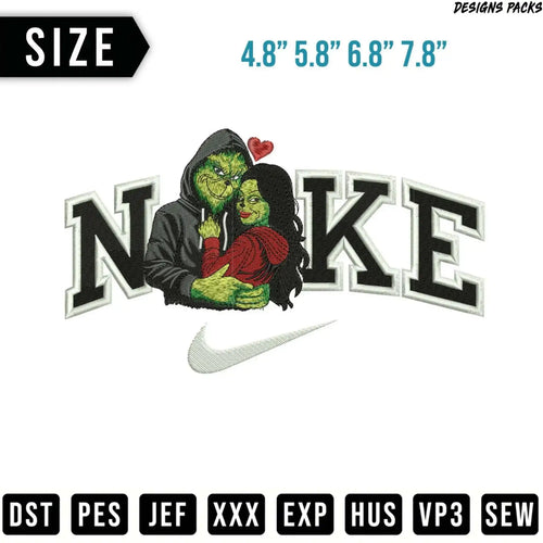 Grinch and female character embracing within a Nike logo.