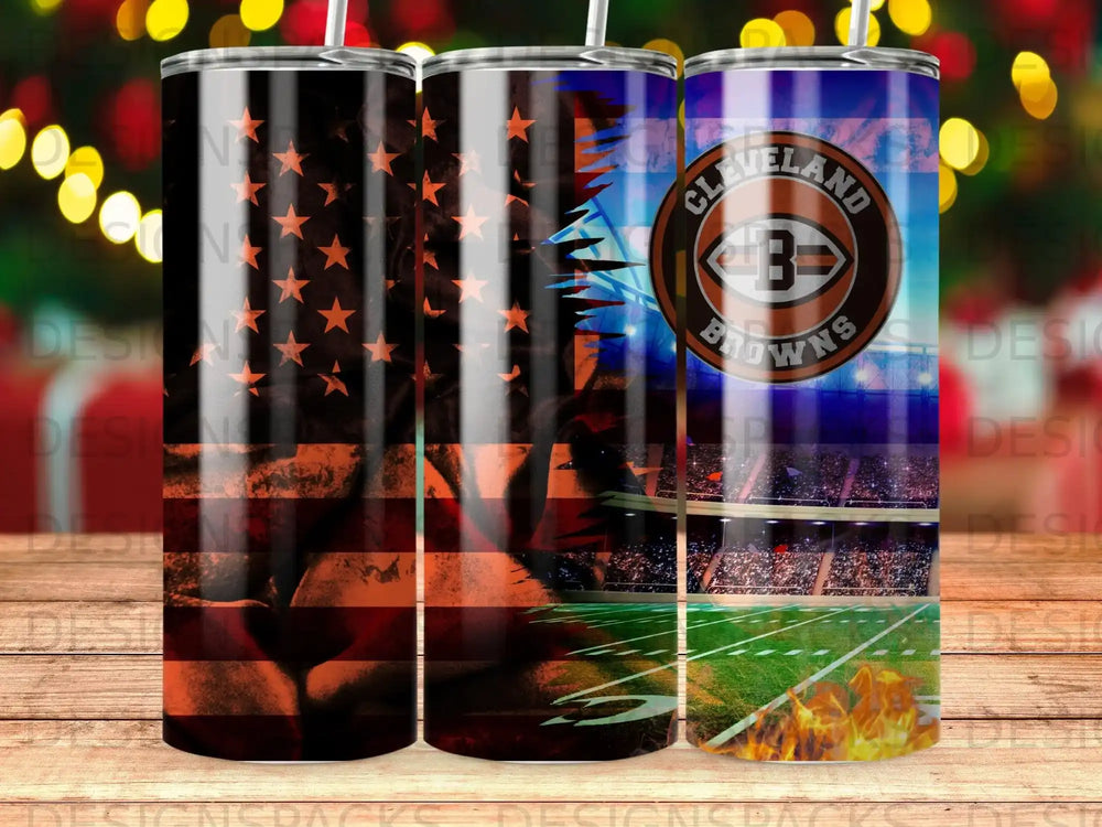 Cleveland Browns football stadium and American flag tumbler.