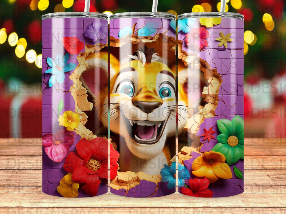 Lion character bursts through brick wall surrounded by colorful flowers.