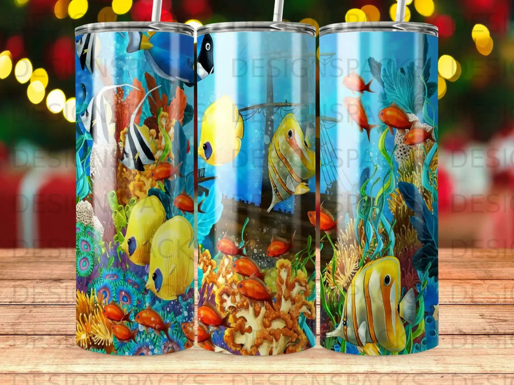 Colorful coral reef with tropical fish, including angelfish and butterflyfish.
