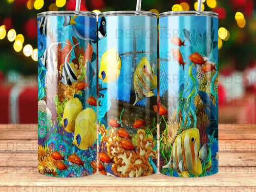 Colorful coral reef with tropical fish, including angelfish and butterflyfish.