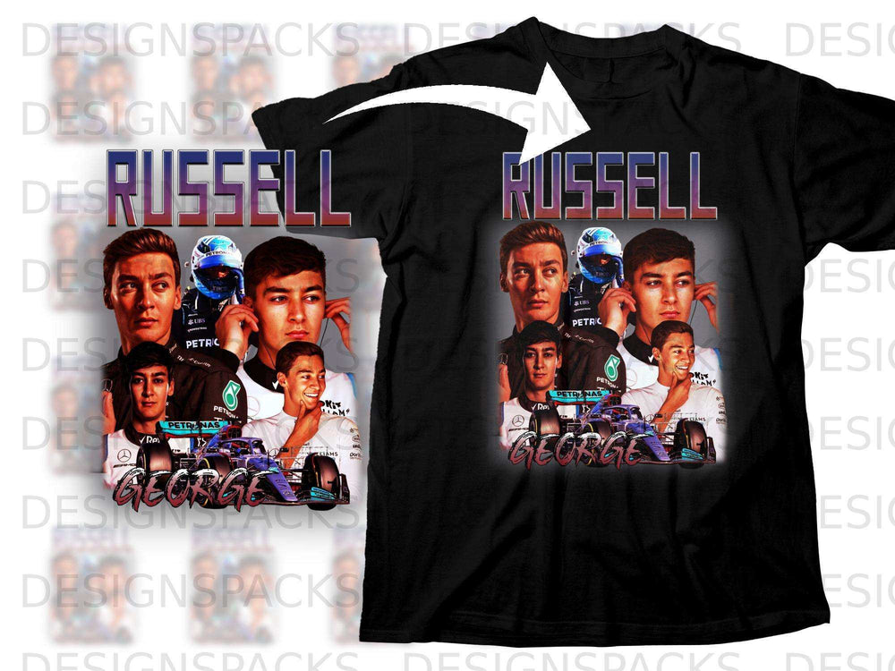 George Russell, Williams F1 car, and Petronas logo on black t-shirt.