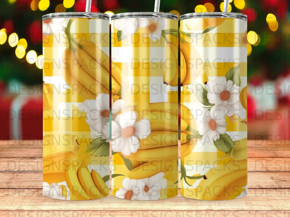 Yellow plaid tumbler with white flowers and green leaves pattern.