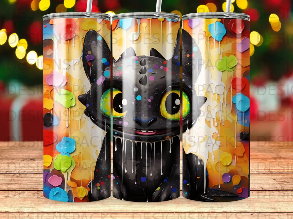 Toothless the dragon from How to Train Your Dragon on a colorful tumbler.