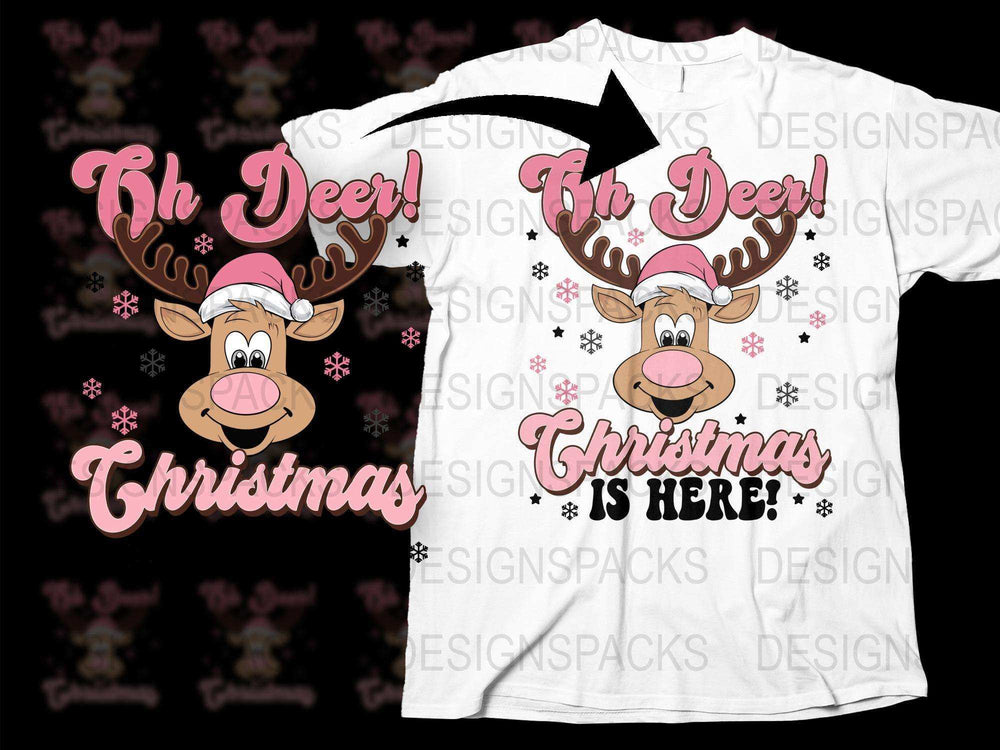Cute Reindeer Christmas T-Shirt, Festive Holiday Graphic Tee, Oh Deer Christmas is Here, Snowflake Design