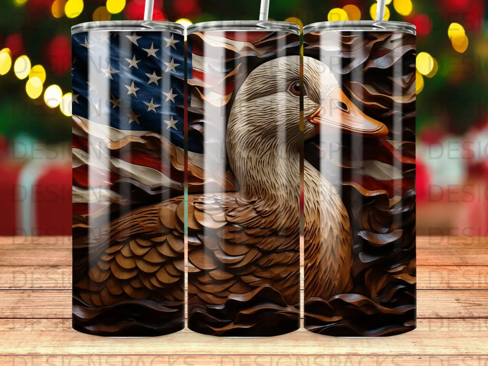 Duck profile superimposed over American flag and wood grain texture.