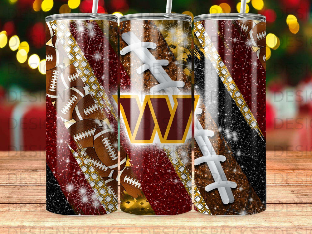 Washington Commanders tumbler with footballs and glitter patterns.