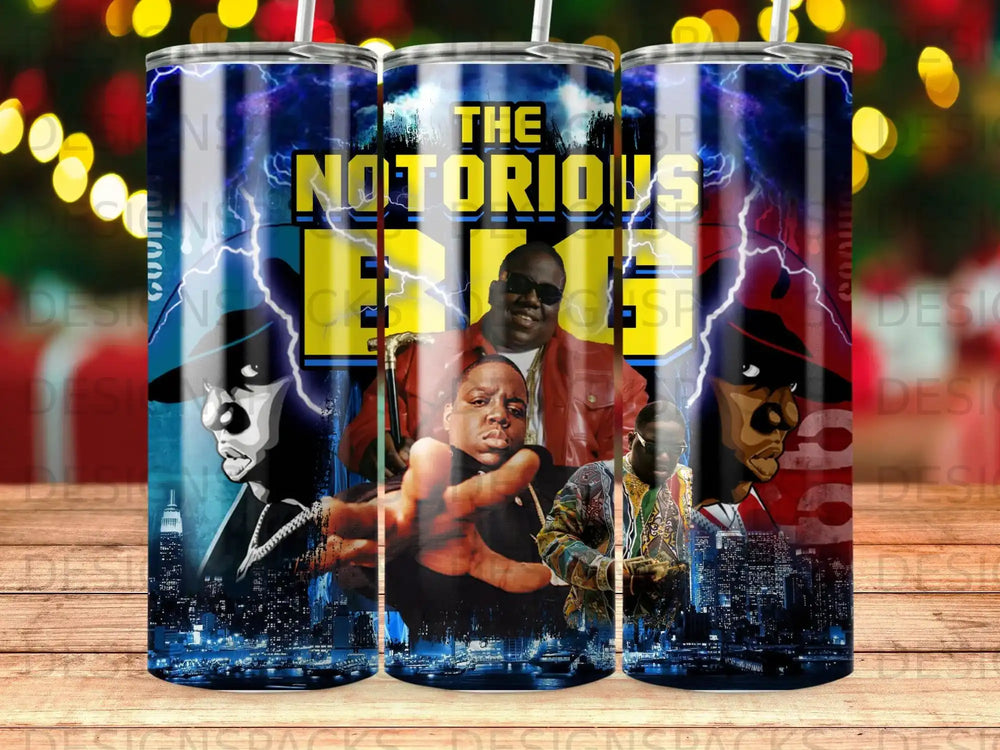 The Notorious B.I.G. collage with skyline and lightning effects.