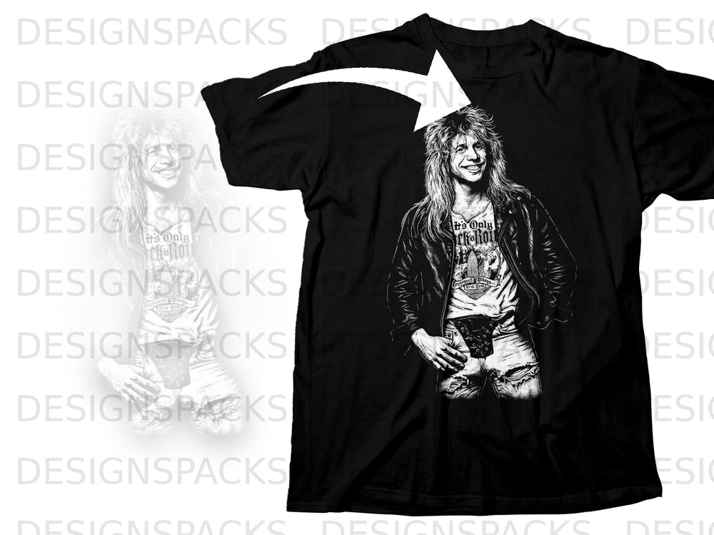 Black t-shirt with a black and white graphic of a man in a leather jacket.