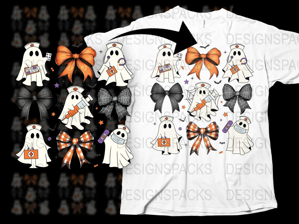 Halloween Ghost Shirt with Bows, Cute Spooky T-Shirt Design, Kids and Adults Holiday Apparel