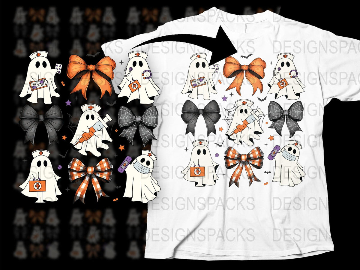 Halloween Ghost Shirt with Bows, Cute Spooky T-Shirt Design, Kids and Adults Holiday Apparel