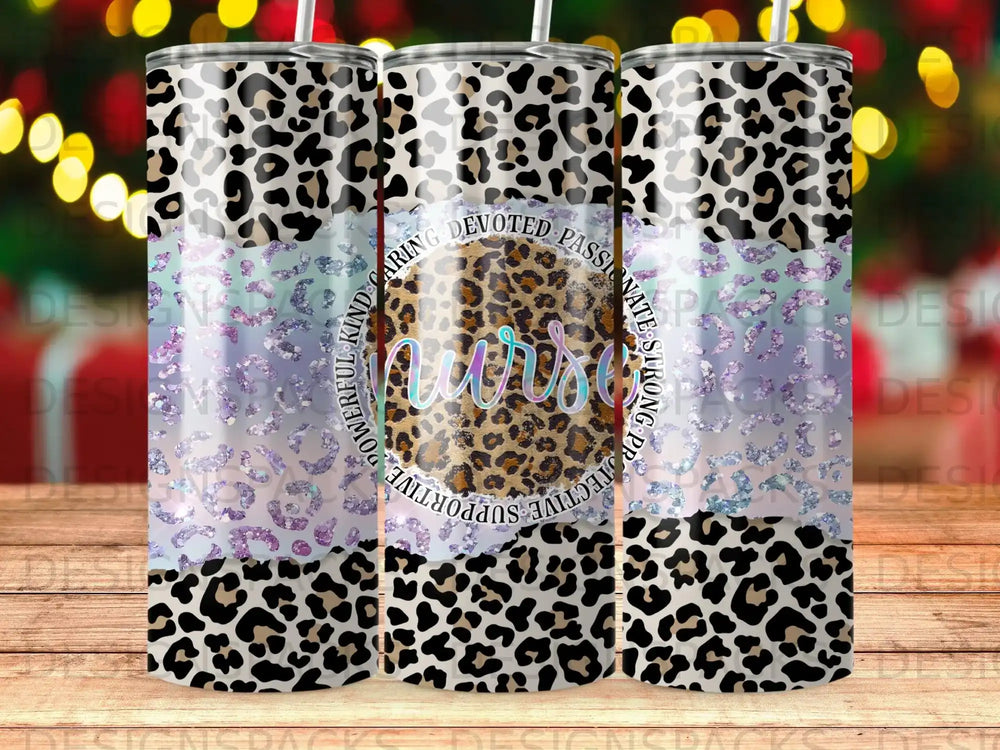 Tumbler with leopard print and "Nurse" in cursive, surrounded by empowering words.