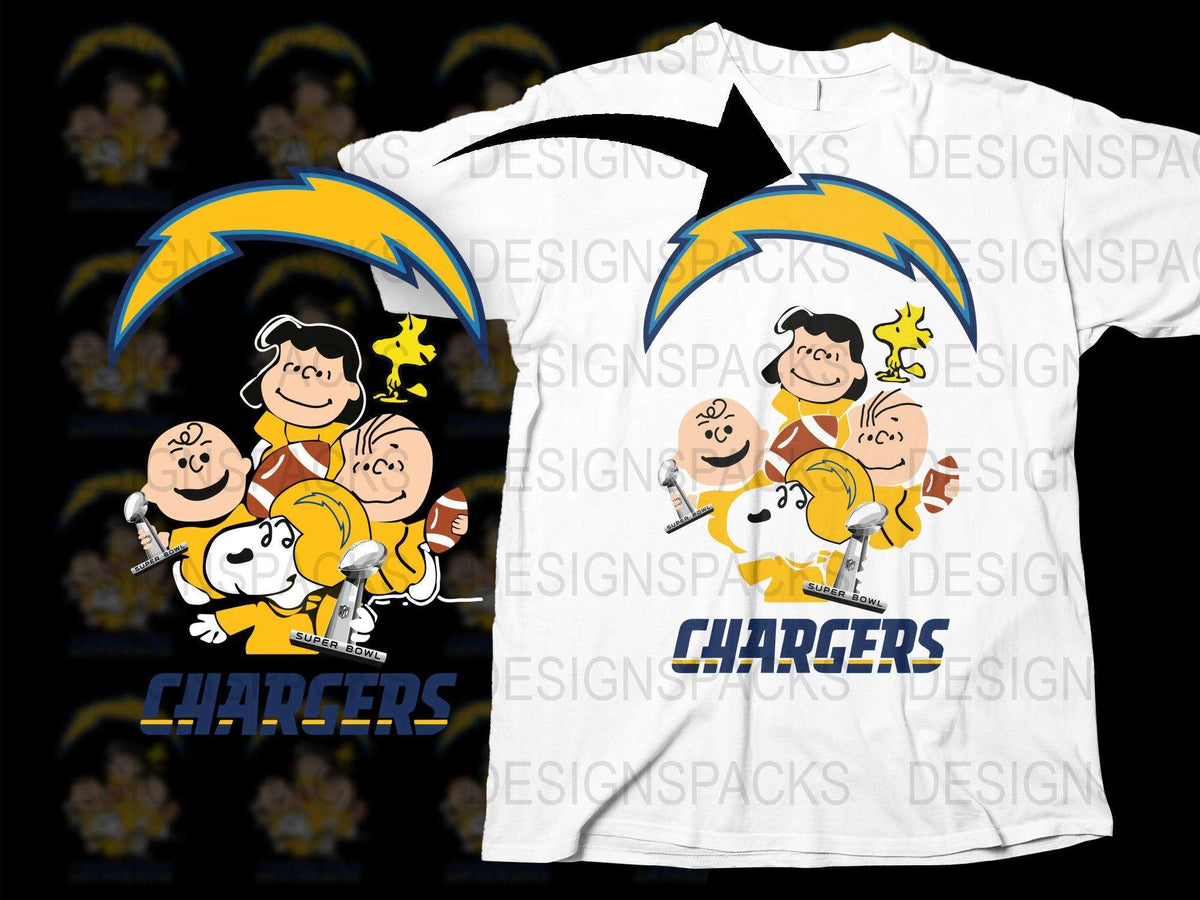 Peanuts Cartoon Chargers Football Themed T-Shirt, Charlie Brown and Snoopy Graphic Tee, Unisex White T-Shirt for Fans