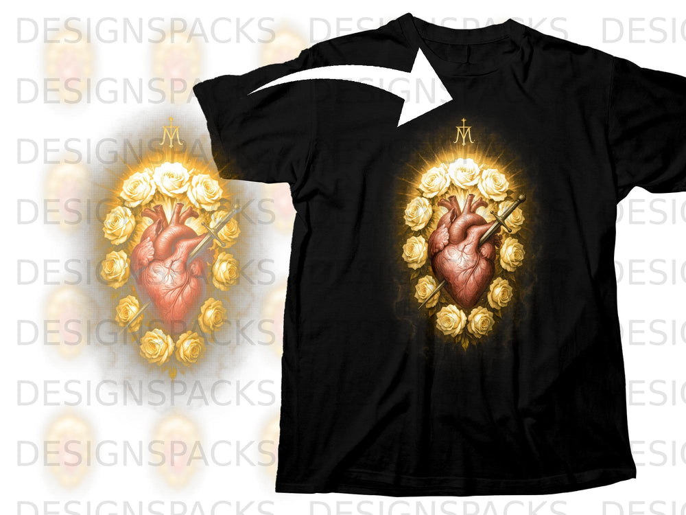 Black t-shirt with a sacred heart surrounded by roses, a sword, and a cross.