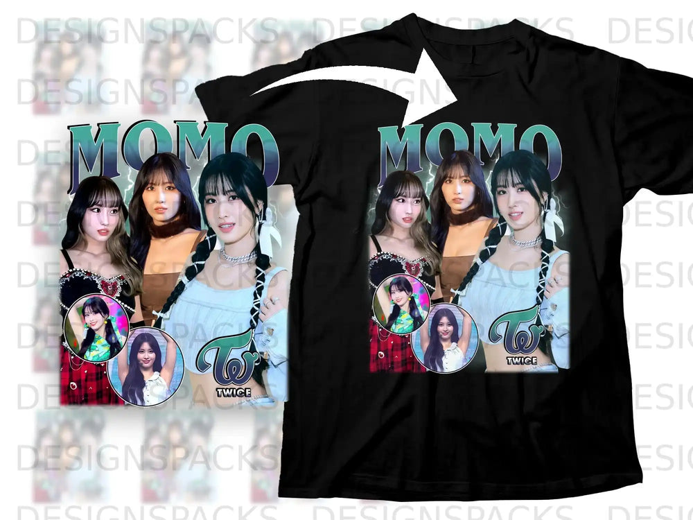 Black t-shirt with Momo from TWICE in a collage design.
