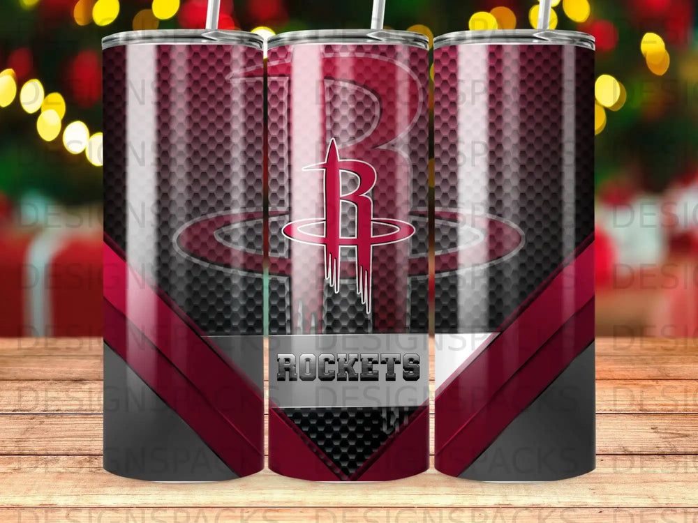 Houston Rockets logo on a tumbler with a textured background.