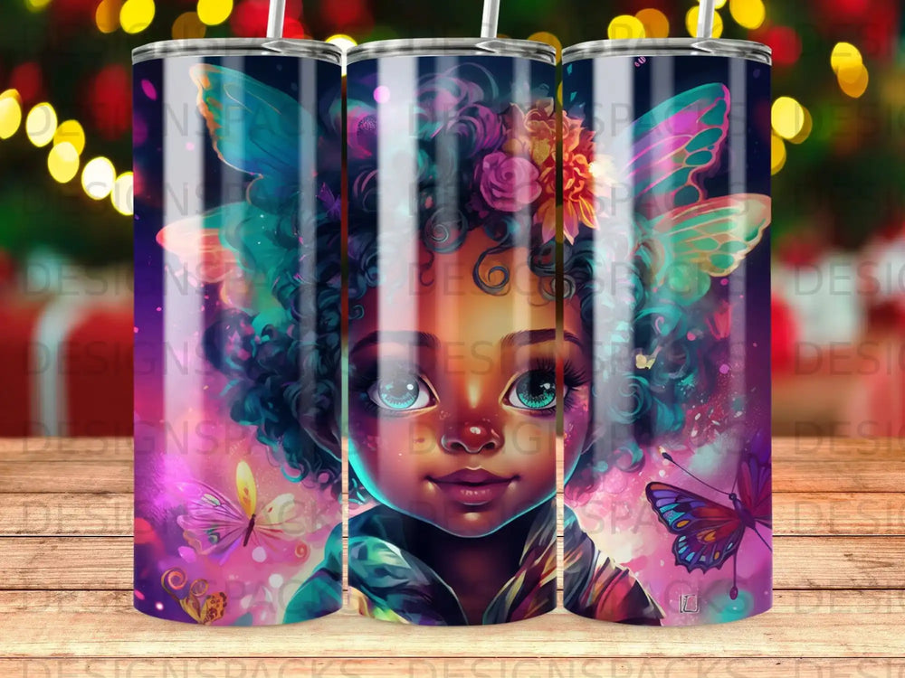 Girl with butterfly wings and floral crown, vibrant colors, magical theme.