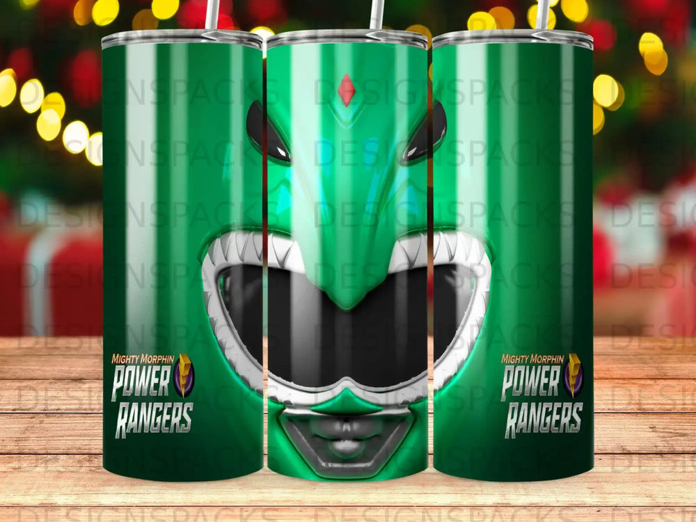 Mighty Morphin Power Rangers helmet and logo on tumblers.
