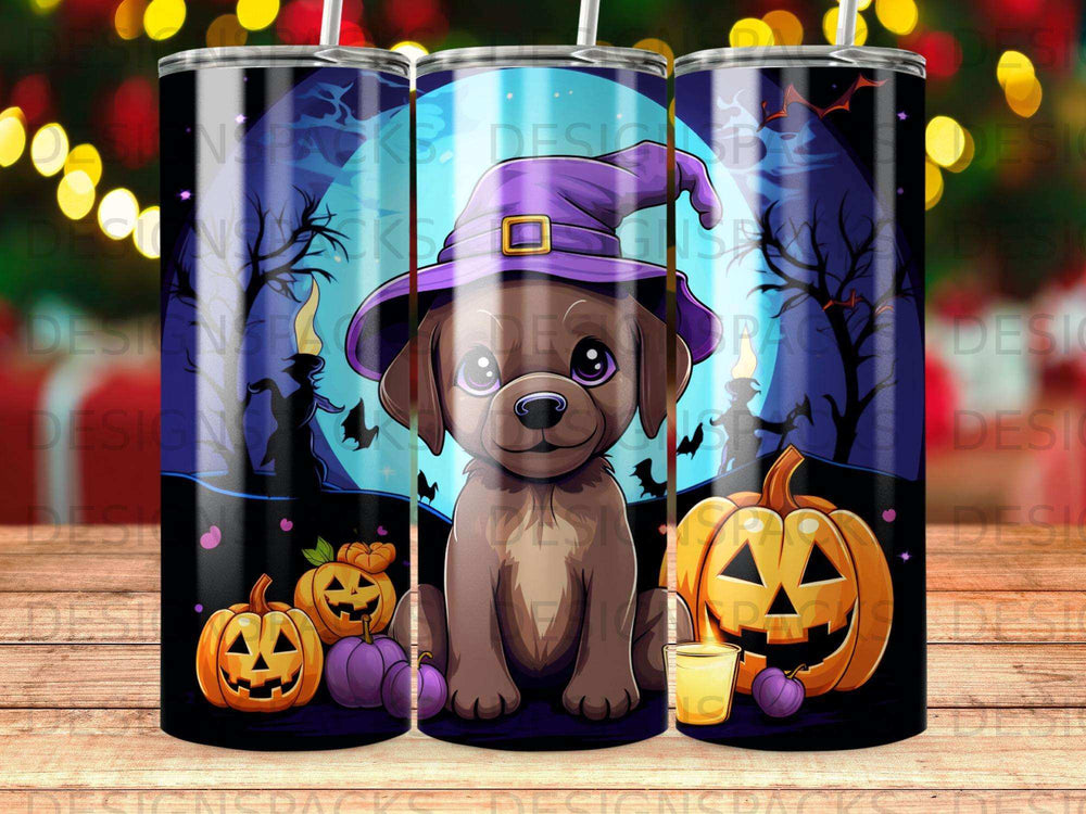 Brown puppy in witch hat with pumpkins and Halloween scene.