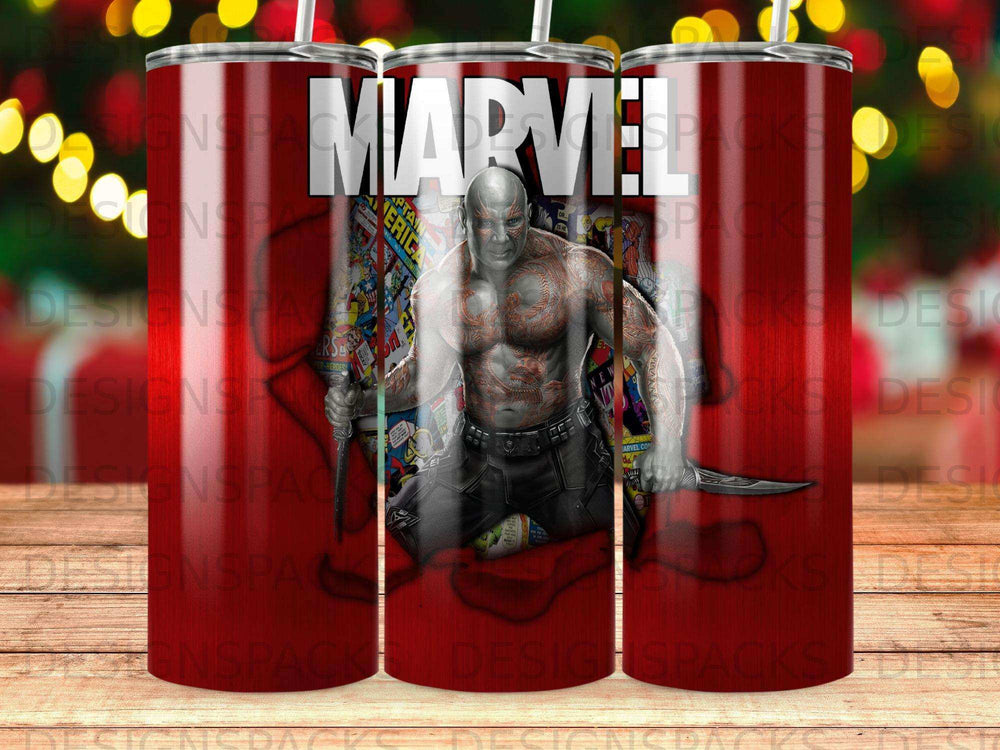 Marvel comic characters on a red gradient tumbler.