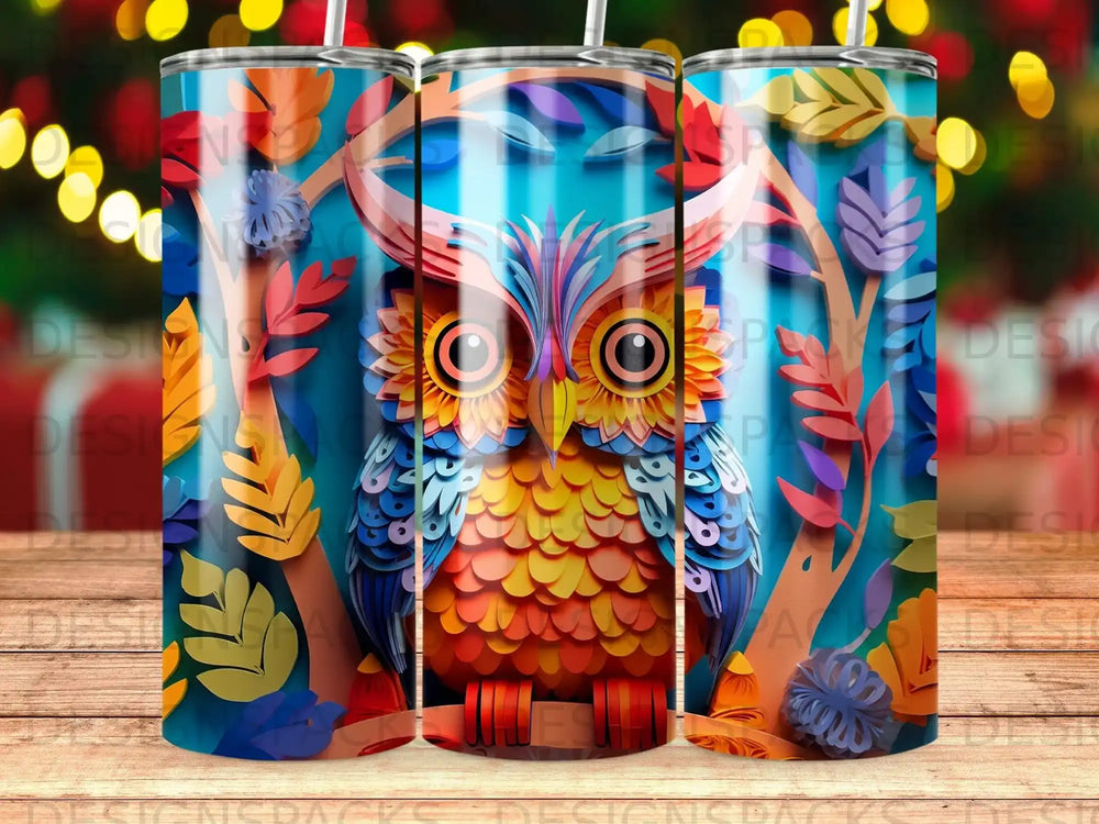 Colorful owl on a branch with autumn leaves and bokeh lights.