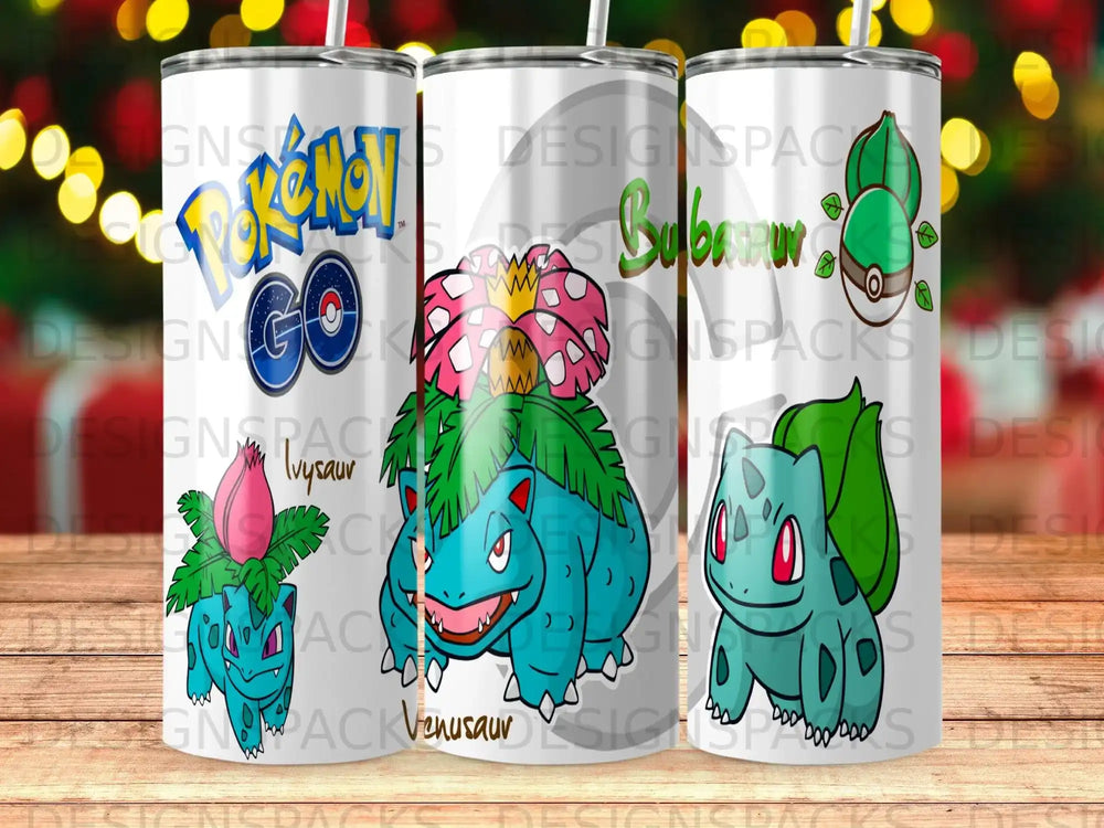 Pokemon Bulbasaur, Ivysaur, and Venusaur characters on a white tumbler.