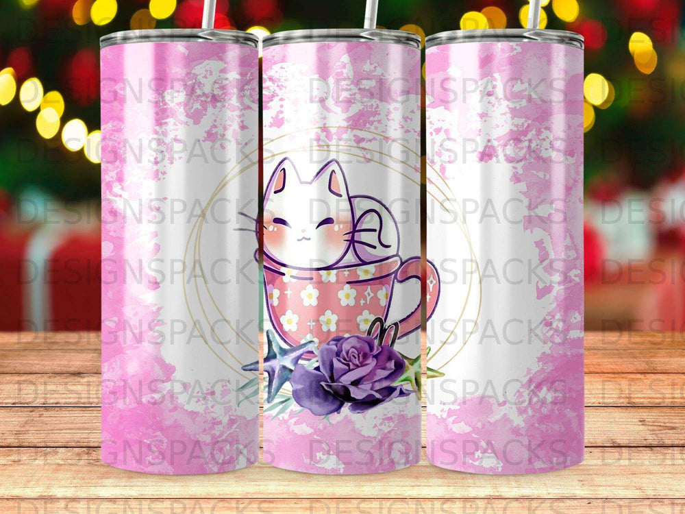 Cute cartoon cat peeking from a teacup adorned with flowers and stars.