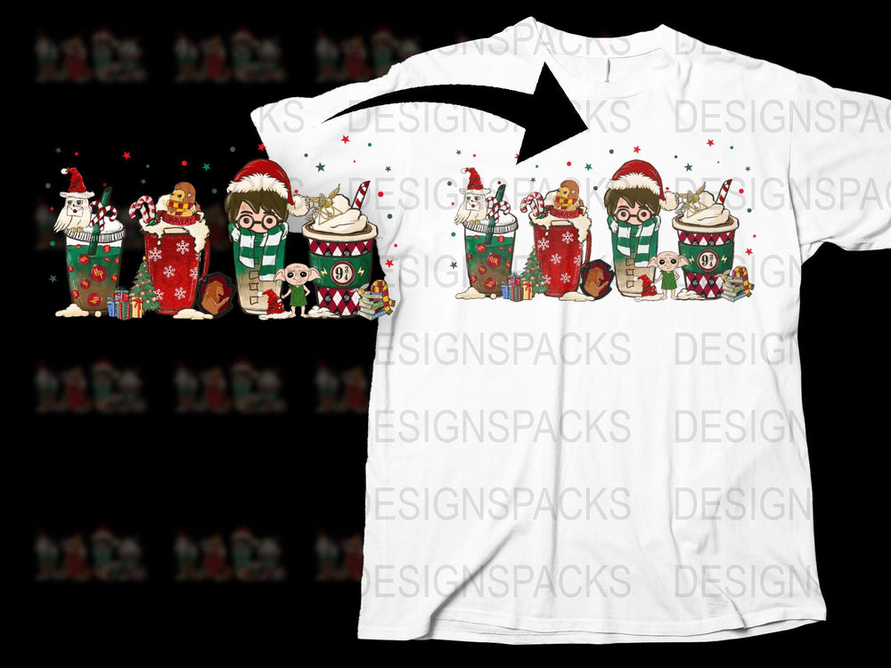 Festive Christmas T-Shirt with Cute Cartoon Characters and Holiday Patterns, Unisex White Tee