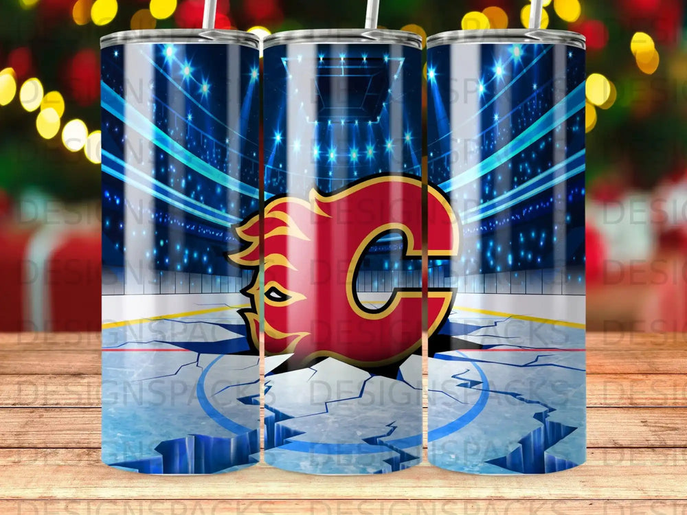 Calgary Flames hockey team logo on a blue, ice rink themed tumbler.