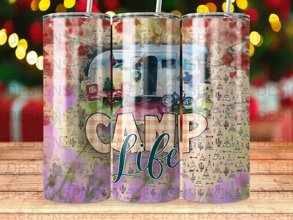 Tumbler with "Camp Life" text and a vintage camper illustration.