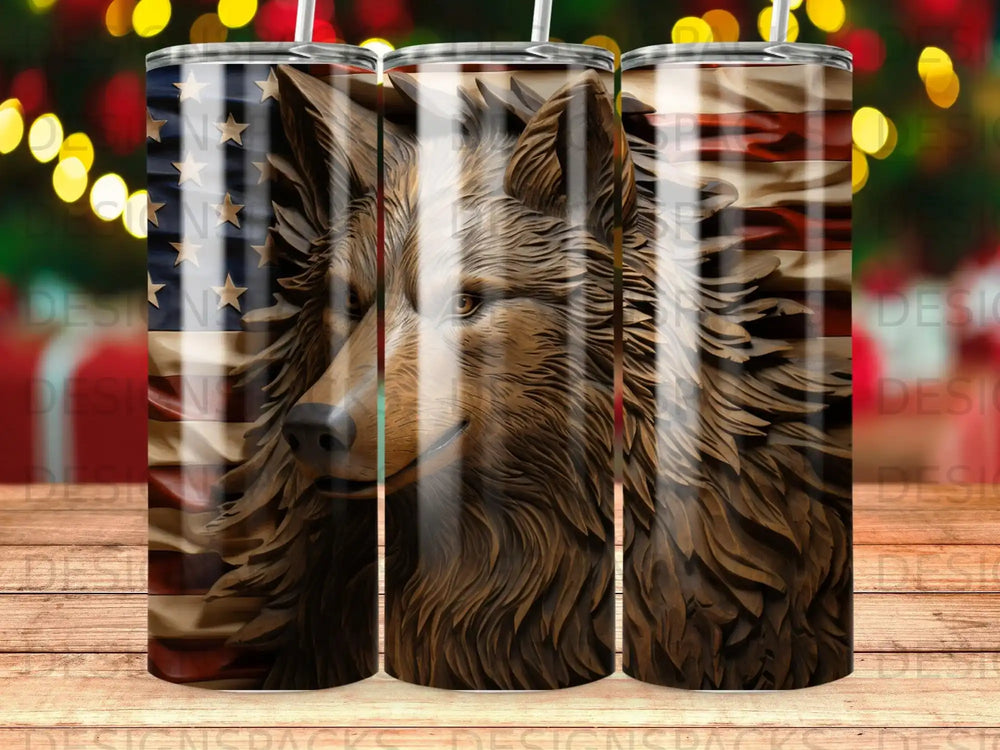 Wood-carved wolf with American flag overlay on tumbler.