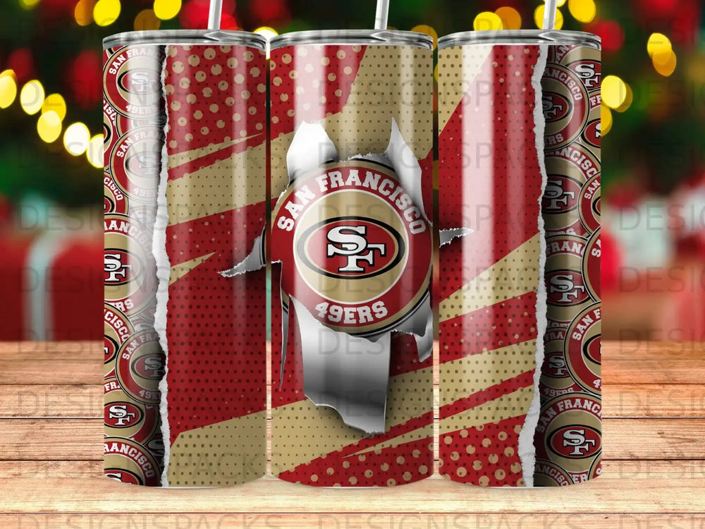 San Francisco 49ers logo on a distressed tumbler with red and gold patterns.
