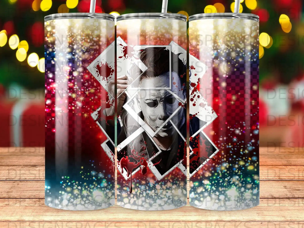 Michael Myers mask with red splatters and glittering background on tumbler.