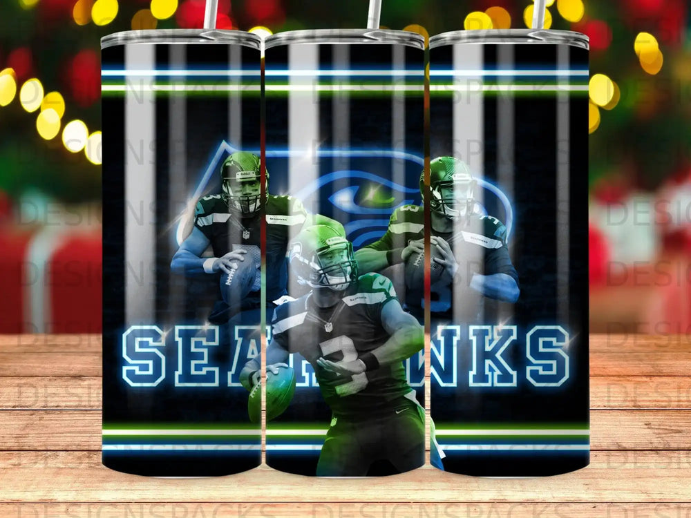 Seattle Seahawks players with team logo and neon green and blue stripes.