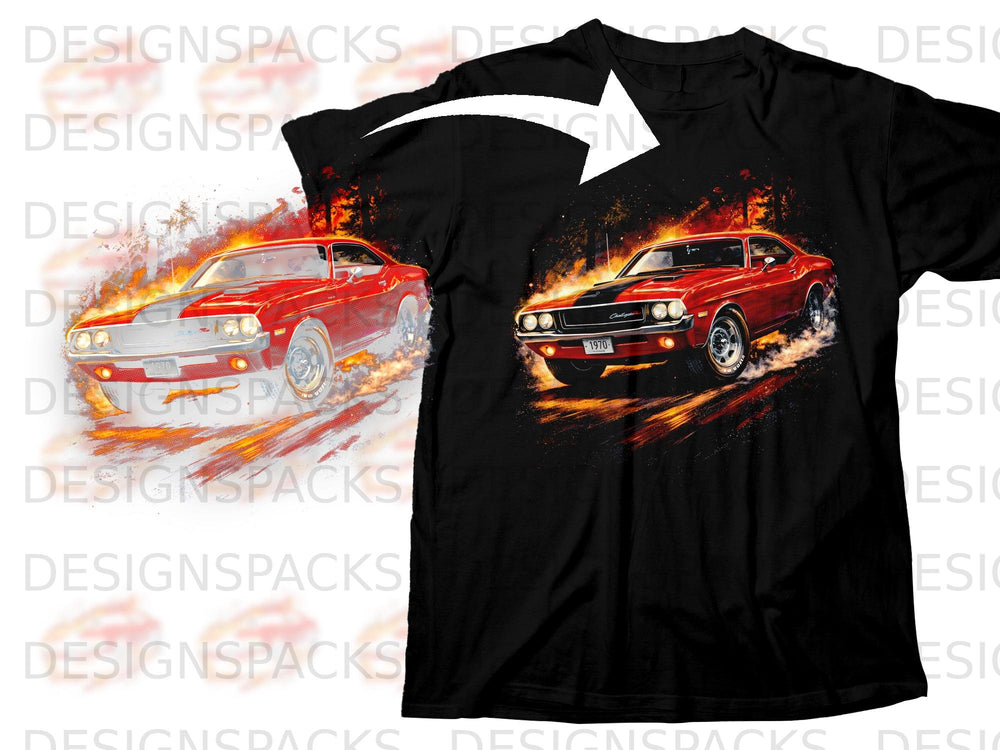 Black t-shirt with red vintage Dodge Challenger graphic, flames, and smoke.