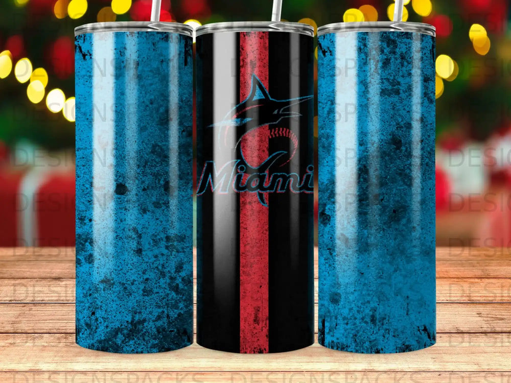 Miami Marlins tumbler with distressed blue and black design.