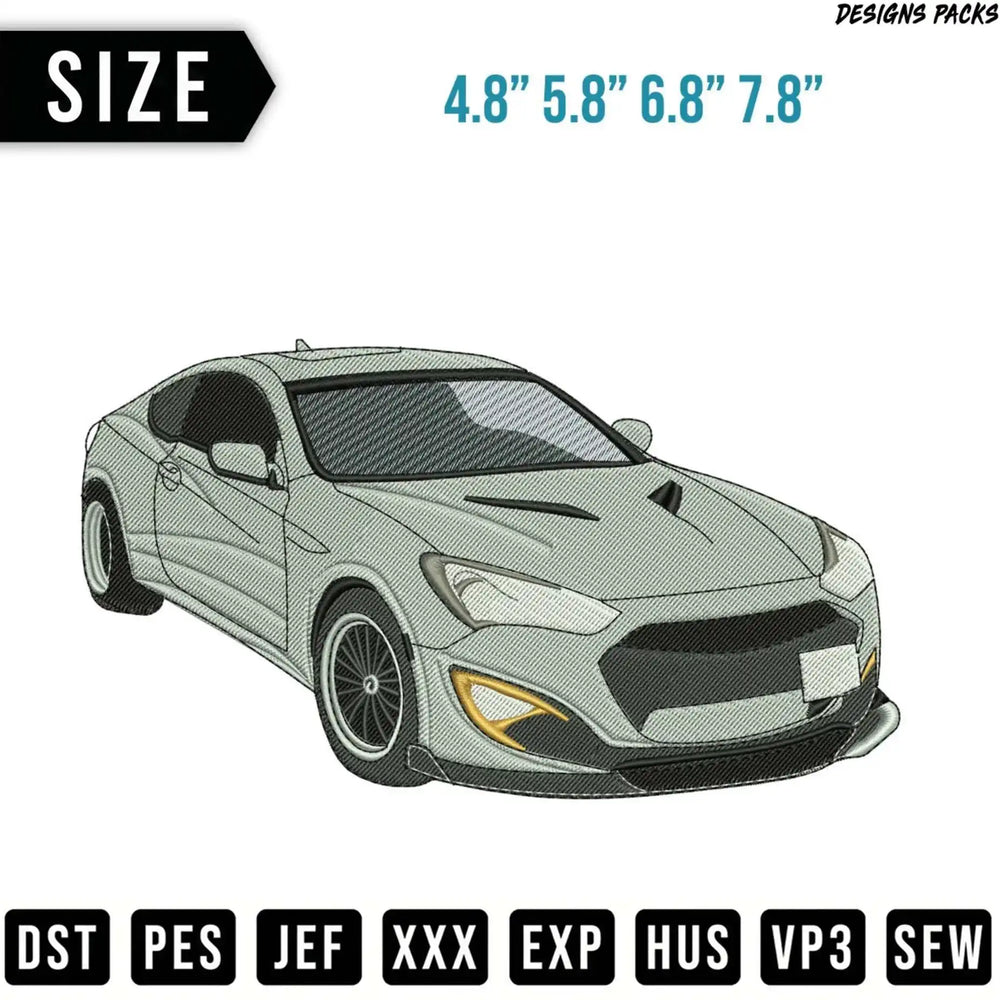 Gray sports car embroidery design with size options and file formats.