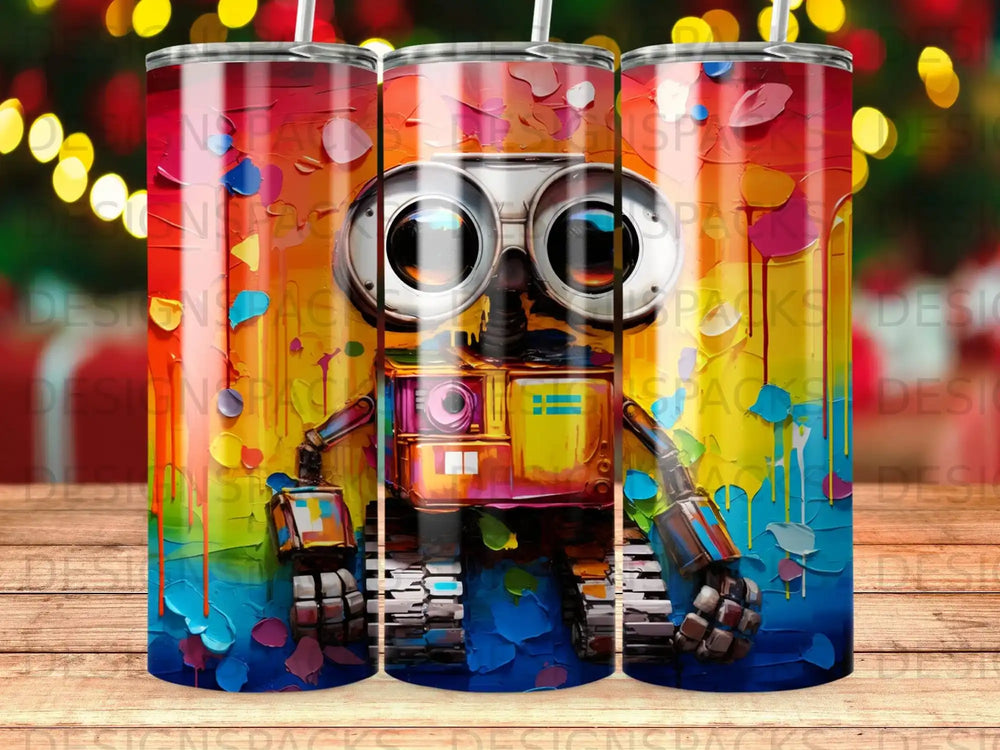 Wall-E character on a colorful, textured background with dripping paint design.