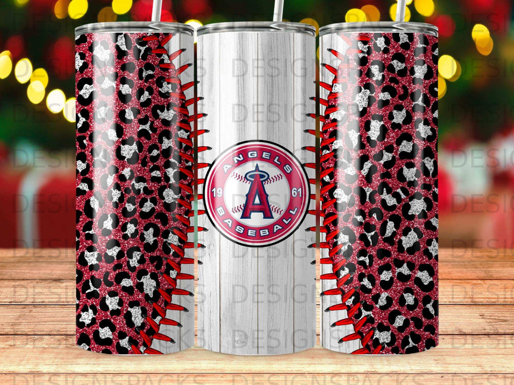 Los Angeles Angels baseball tumbler with leopard print and stitching design.