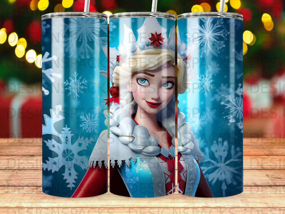 Snowflake-themed tumbler featuring a stylized Elsa from Frozen with a red and white coat.