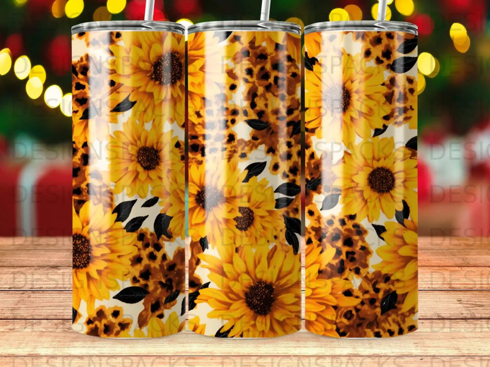 Sunflower and leopard print pattern on a tumbler.