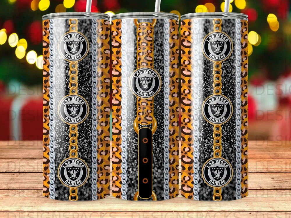 Tumbler with Las Vegas Raiders logo, leopard print, and chain pattern.