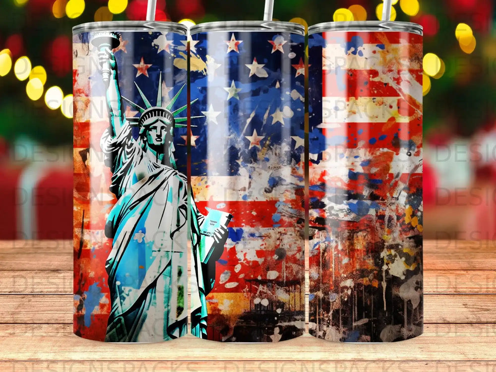 Statue of Liberty with American flag background and paint splatter.