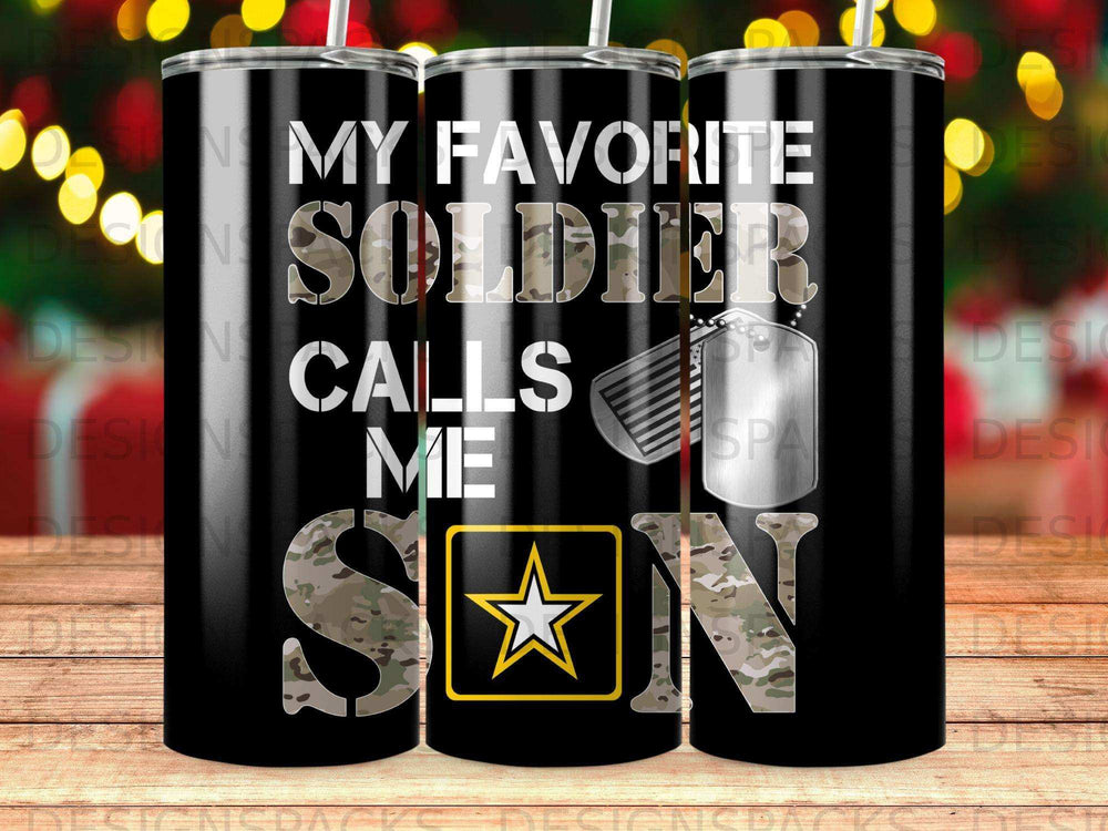 Black tumbler with camouflage text "MY FAVORITE SOLDIER CALLS ME SON".