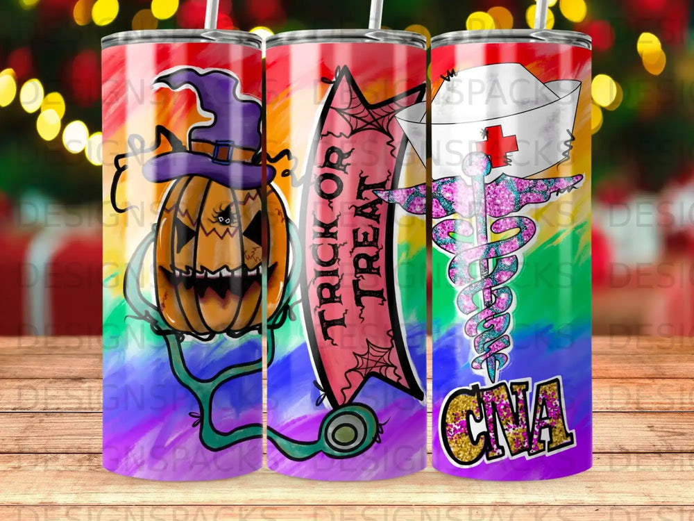 Halloween tumbler with "Trick or Treat" and CNA text, featuring a jack-o'-lantern and medical symbols.
