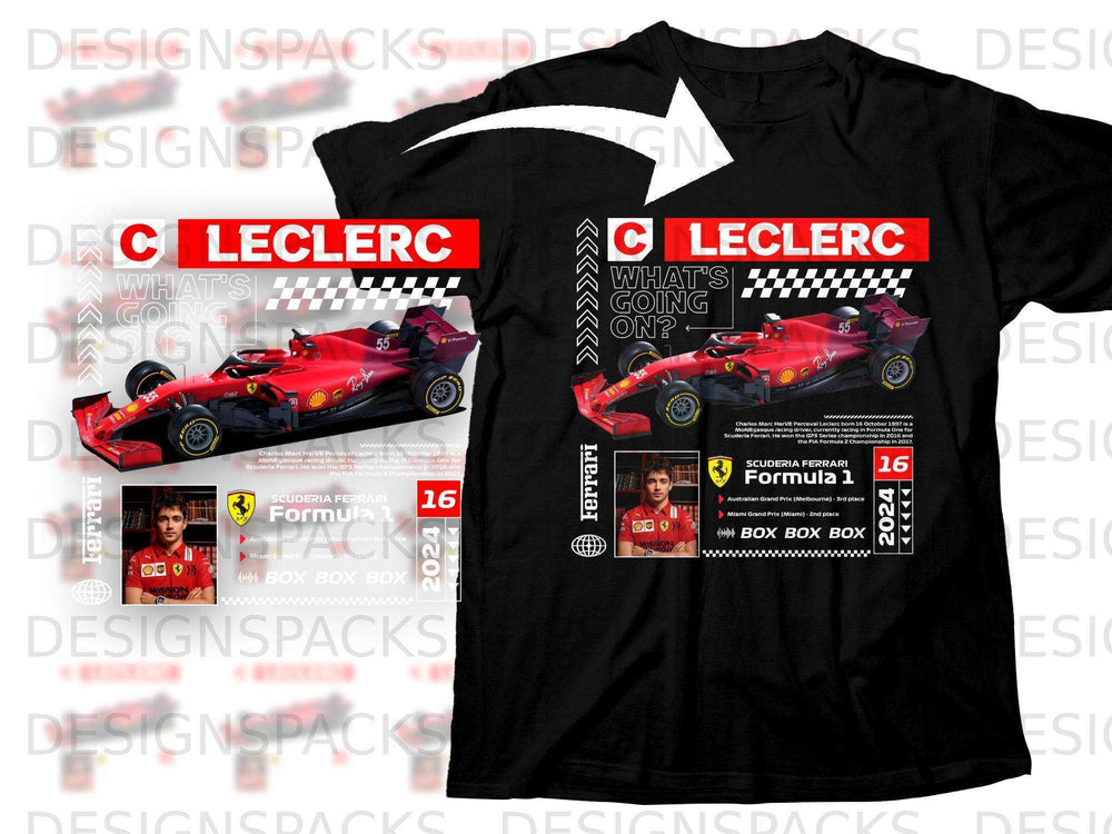 Charles Leclerc "What's Going On?" T-shirt with Scuderia Ferrari Formula 1 car.
