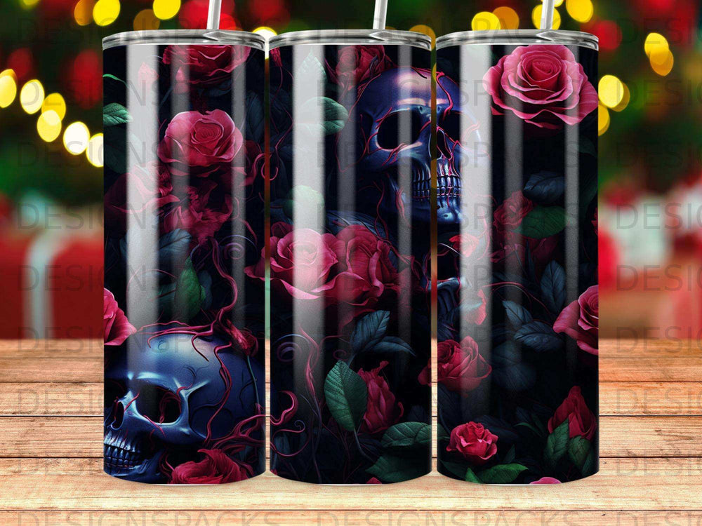 Dark roses and a blue skull design on a tumbler.