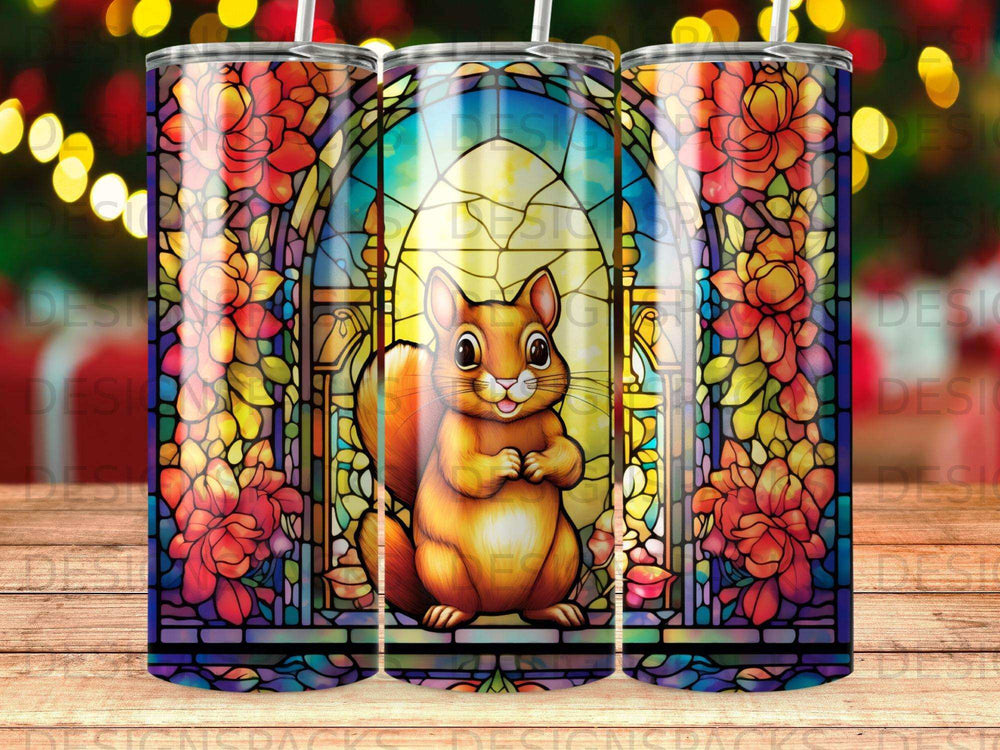 Squirrel in stained glass window with floral accents.