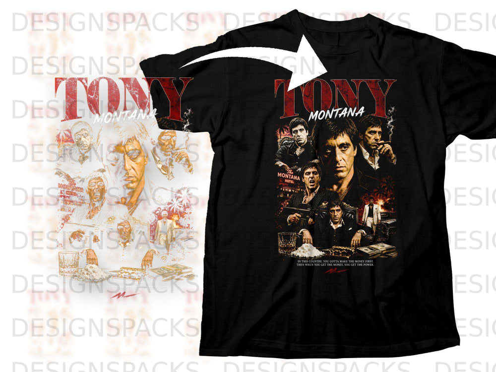 Black t-shirt with "Tony Montana" text and collage of movie scenes.