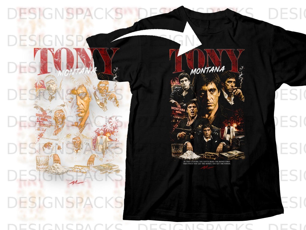 Black t-shirt with "Tony Montana" text and collage of movie scenes.